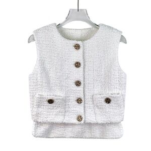Chanel White Tweed Vest with Button Accents